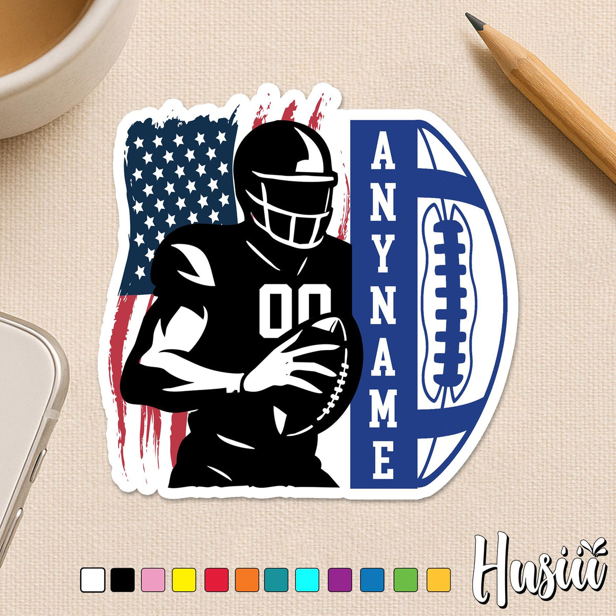 Custom football player sticker with a flag, name and number
