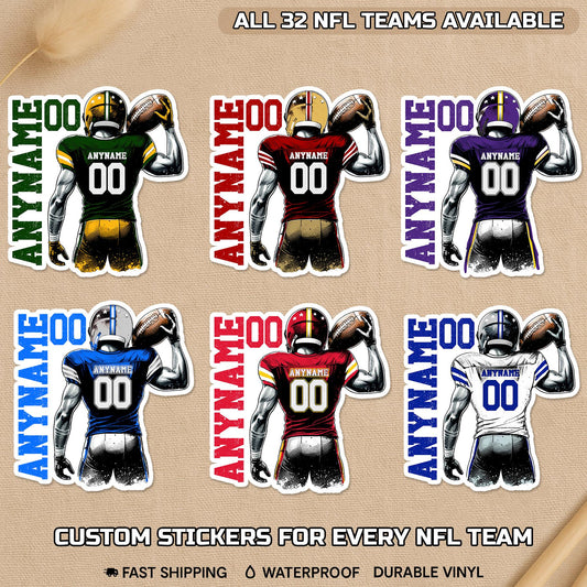 Custom football player sticker with a name, number and team colors