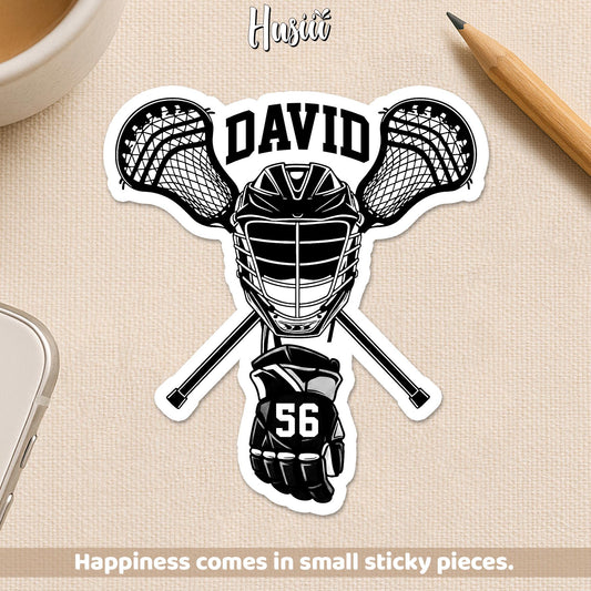 Custom lacrosse player sticker with a name and number