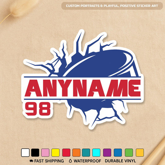 Custom hockey puck sticker with a name and number