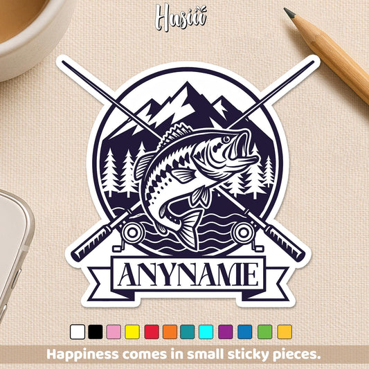 Custom fishing name sticker with a mountain, leaping fish and crossed rods