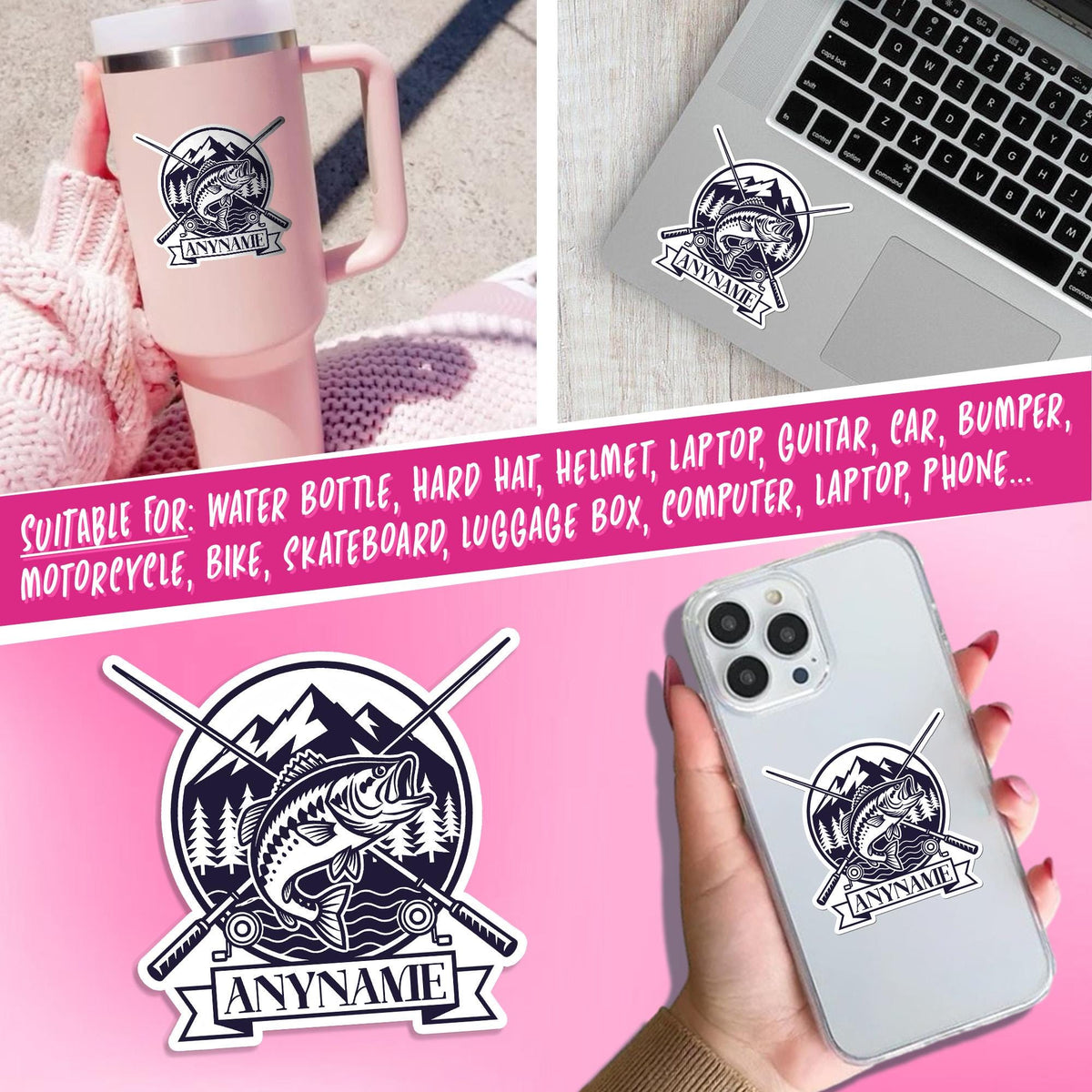 Custom fishing name sticker with a mountain, leaping fish and crossed rods – view 4