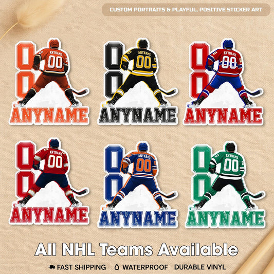 Custom hockey sticker with a name and number in team colors