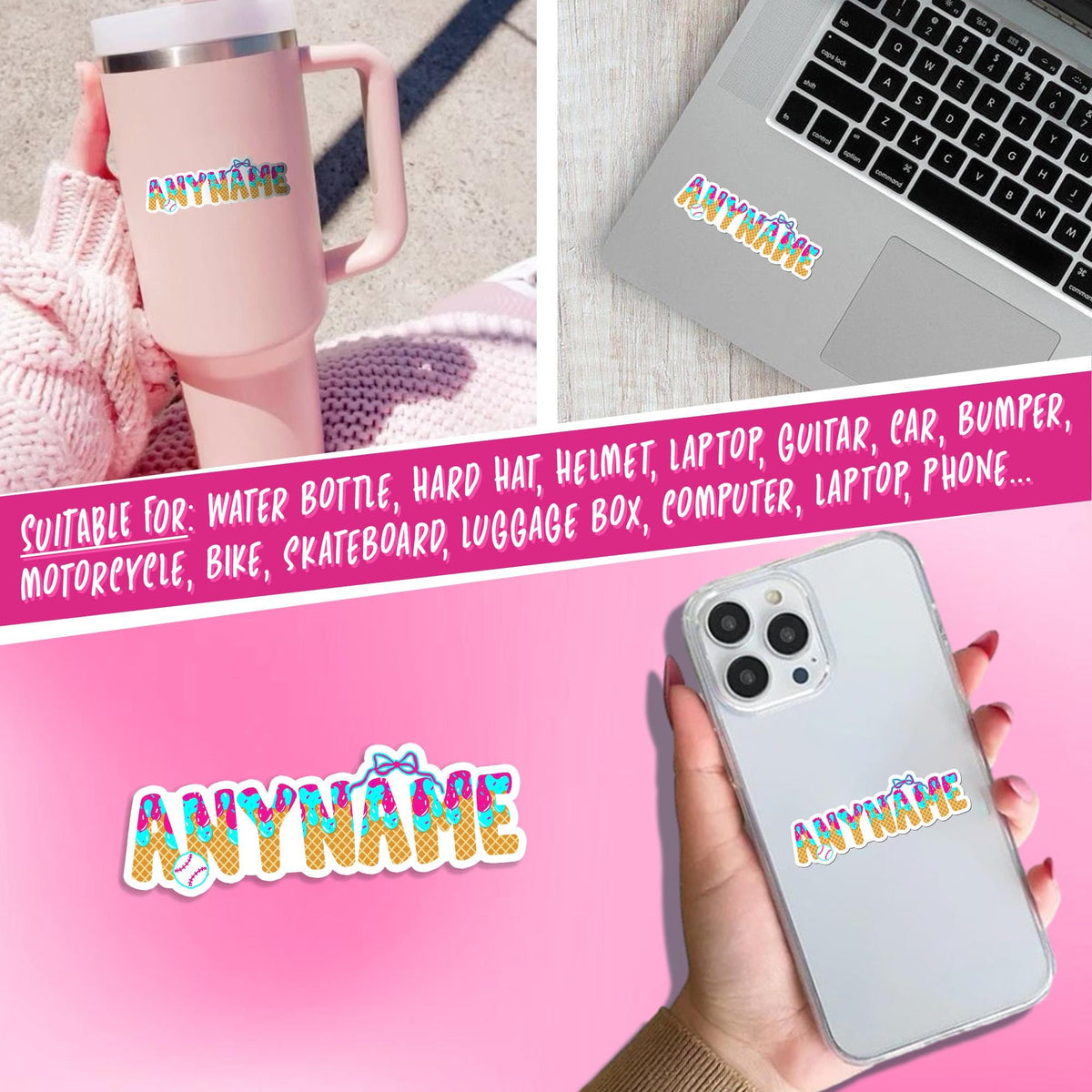 Custom pastel ice cream drip name sticker with a small bow – view 4
