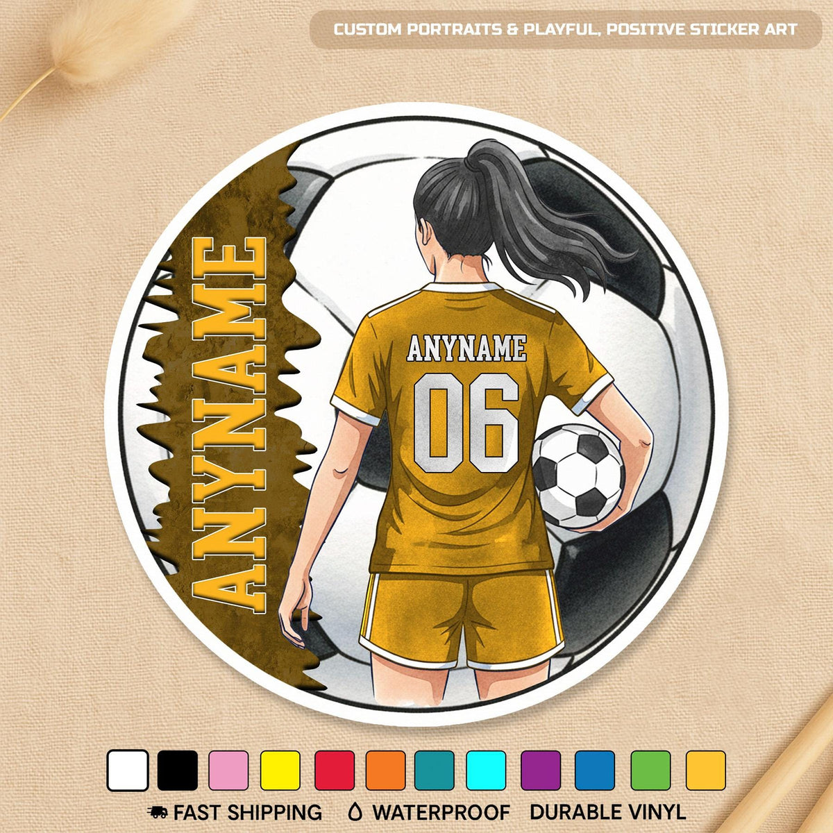 Custom female soccer player sticker with a name and number