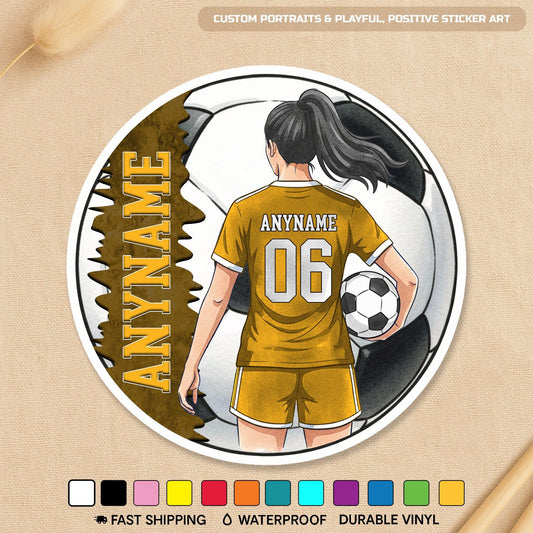 Custom female soccer player sticker with a name and number