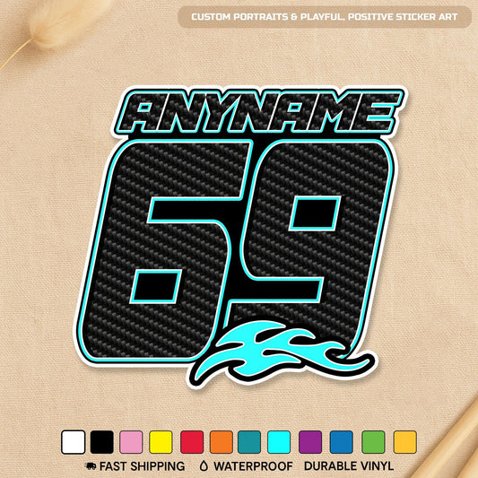 Custom carbon fiber style racing sticker with a name and number