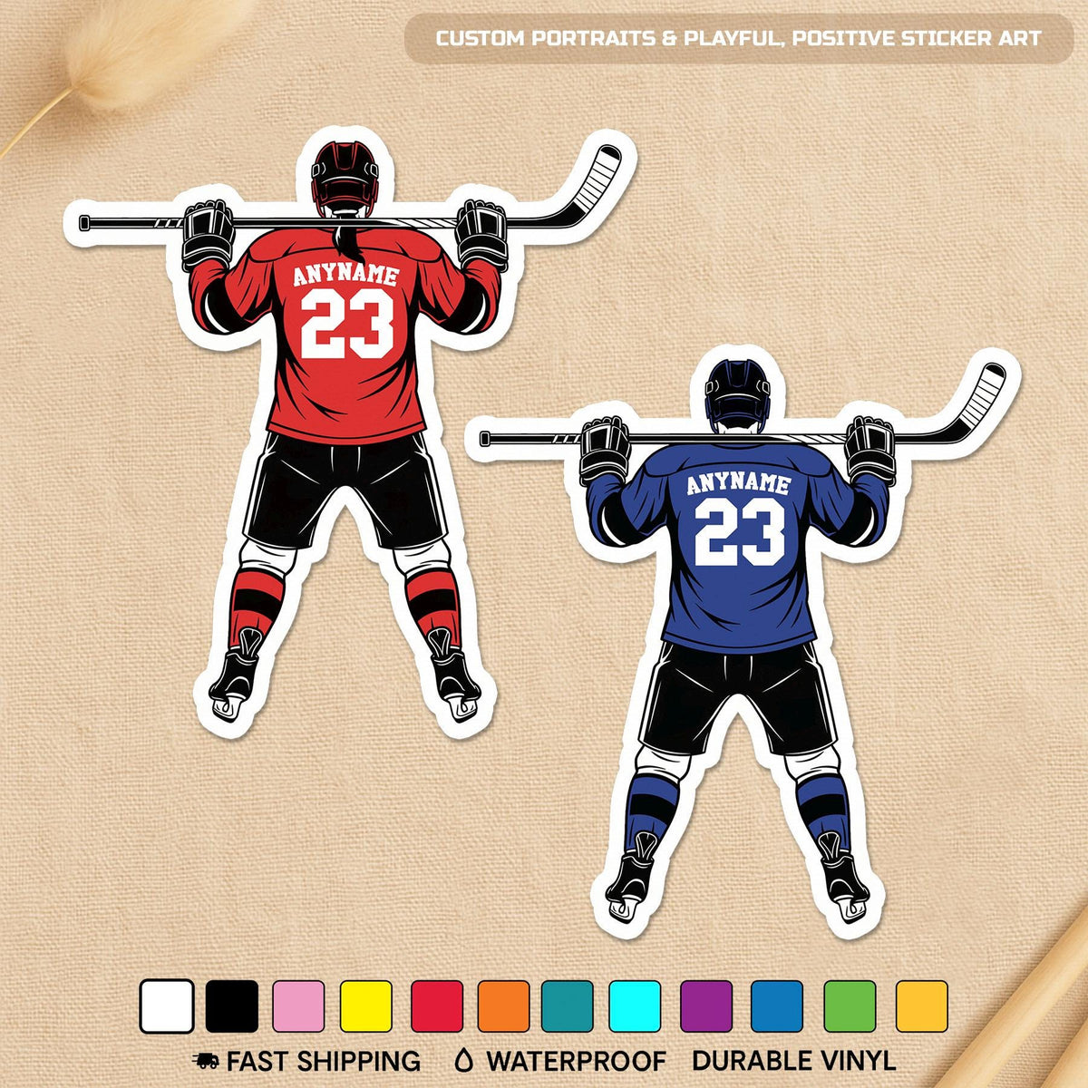 Custom hockey player sticker with a name and number, female or male player