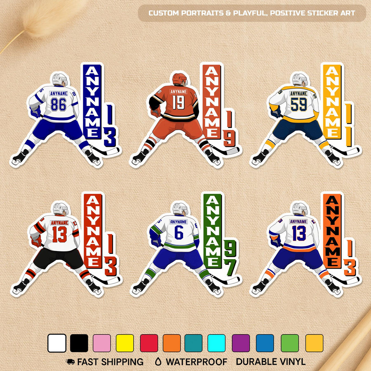 Custom hockey jersey team spirit sticker with a name and number