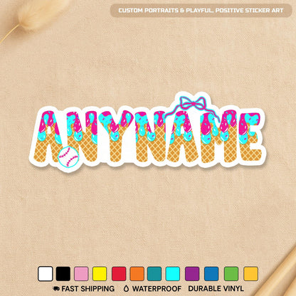 Custom pastel ice cream drip name sticker with a small bow