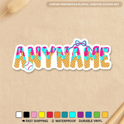 Custom pastel ice cream drip name sticker with a small bow