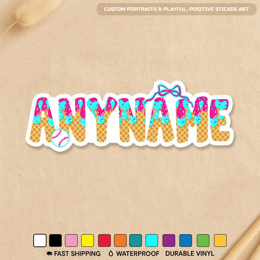 Custom pastel ice cream drip name sticker with a small bow