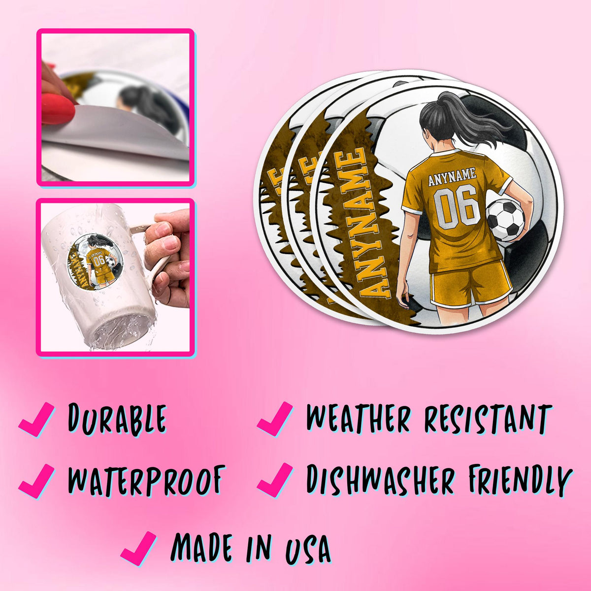 Custom female soccer player sticker with a name and number – view 6