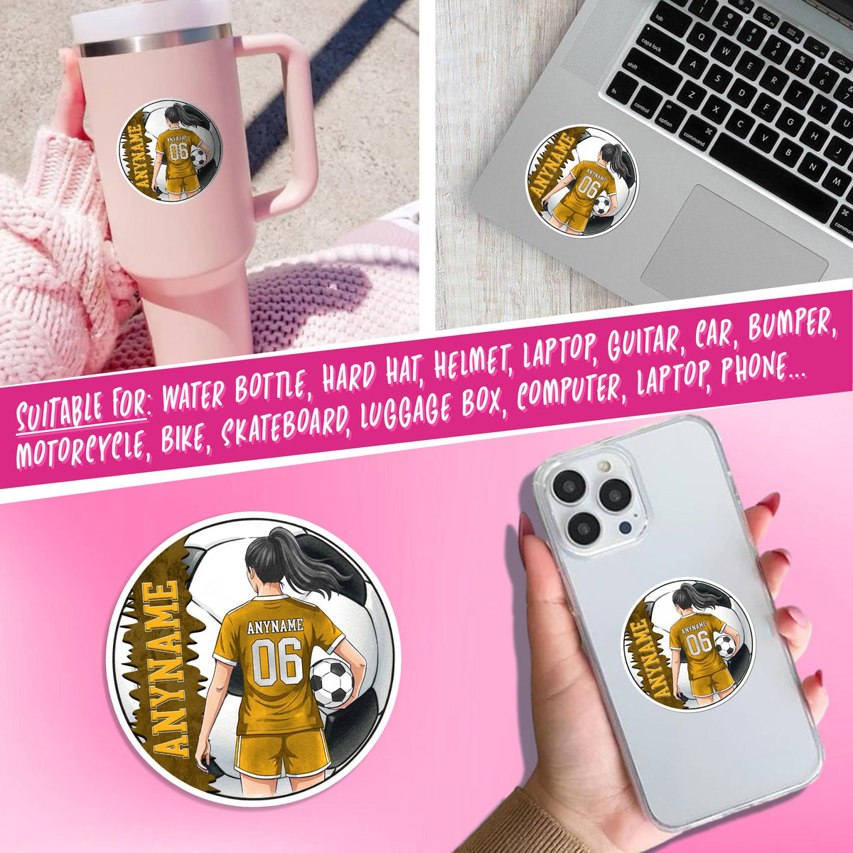 Custom female soccer player sticker with a name and number – view 7