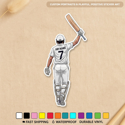 Custom cricket player sticker with a name and number