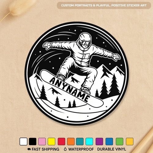 Custom snowboard jump sticker with a name