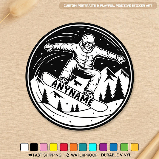 Custom snowboard jump sticker with a name