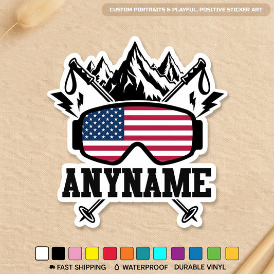 Custom patriotic ski goggles sticker with stars and stripes and a name