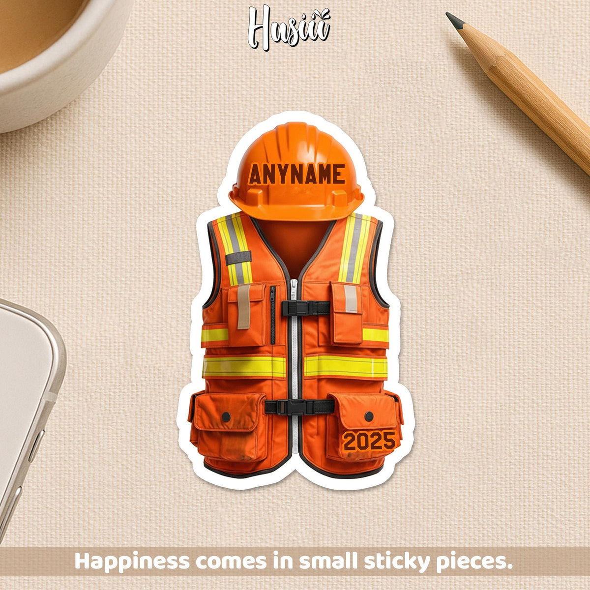 Custom construction worker sticker with an orange safety vest and hard hat