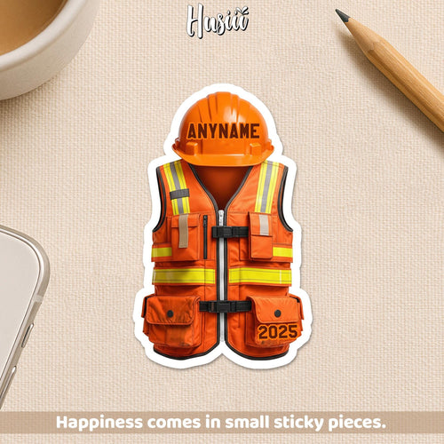 Custom construction worker sticker with an orange safety vest and hard hat