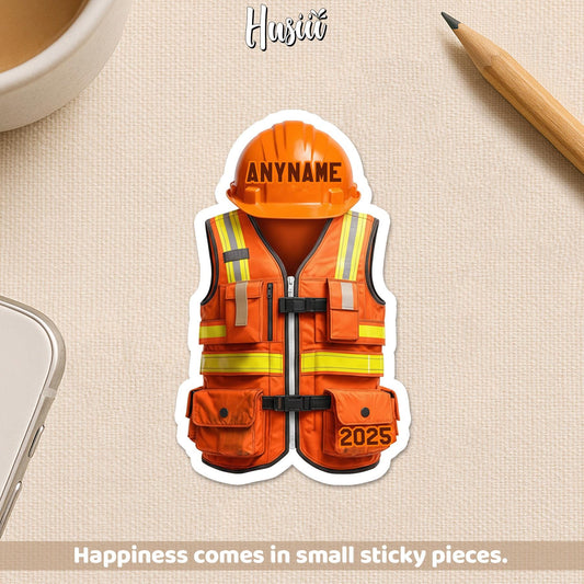 Custom construction worker sticker with an orange safety vest and hard hat