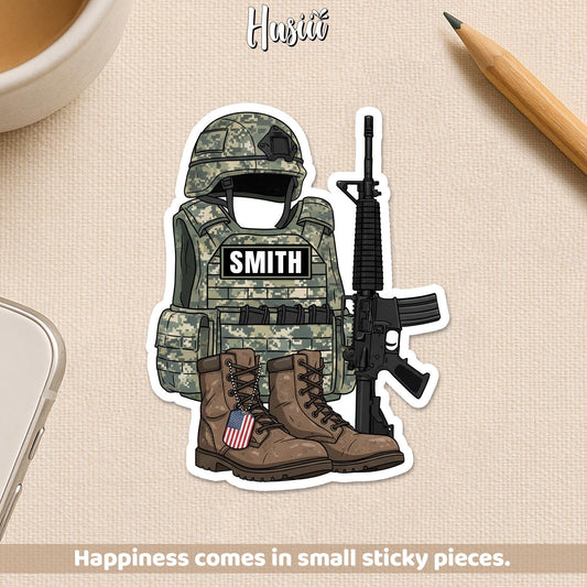 Custom military uniform name sticker with combat boots and hat