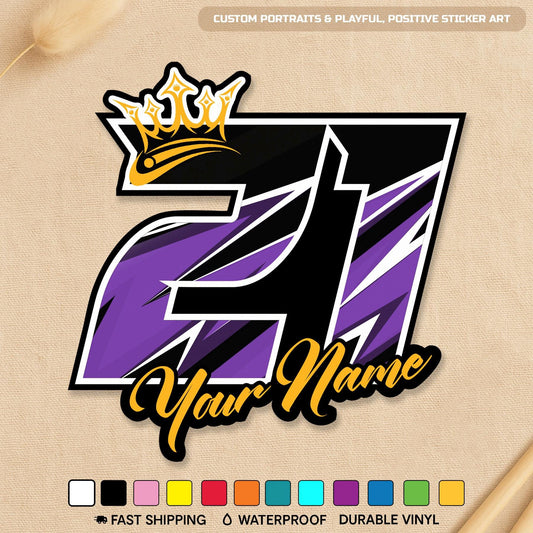 Custom racing sticker with a crown, a number and a name