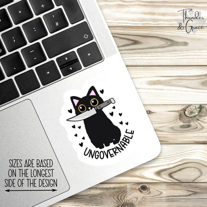 Ungovernable sticker, snarky black cat with knife – view 3