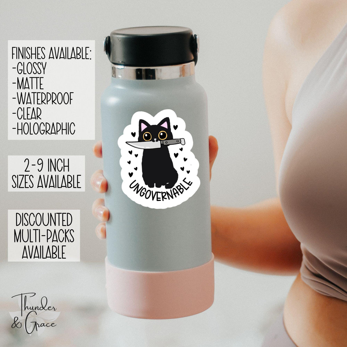 Ungovernable sticker, snarky black cat with knife – view 2