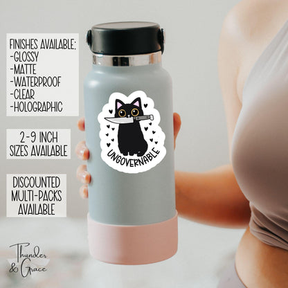 Ungovernable sticker, snarky black cat with knife – view 2