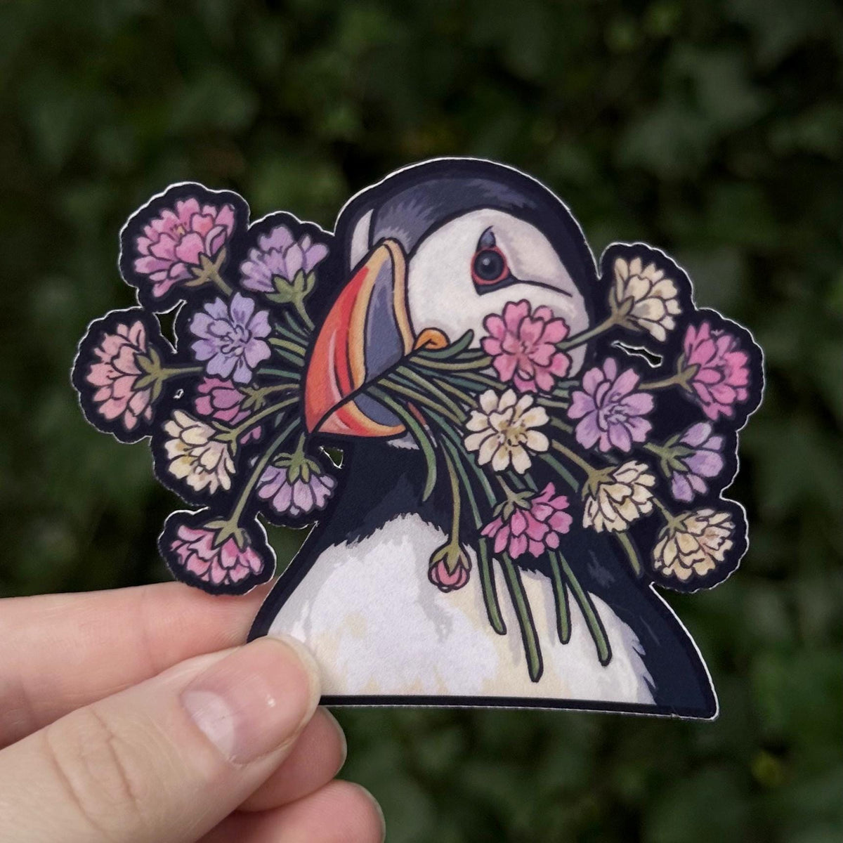 Atlantic Puffin sticker, cute seabird with flowers