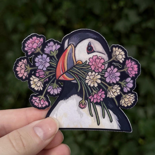 Atlantic Puffin sticker, cute seabird with flowers
