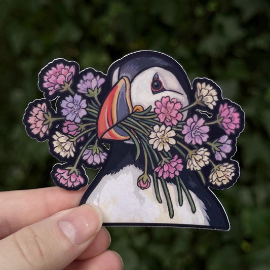 Atlantic Puffin sticker, cute seabird with flowers