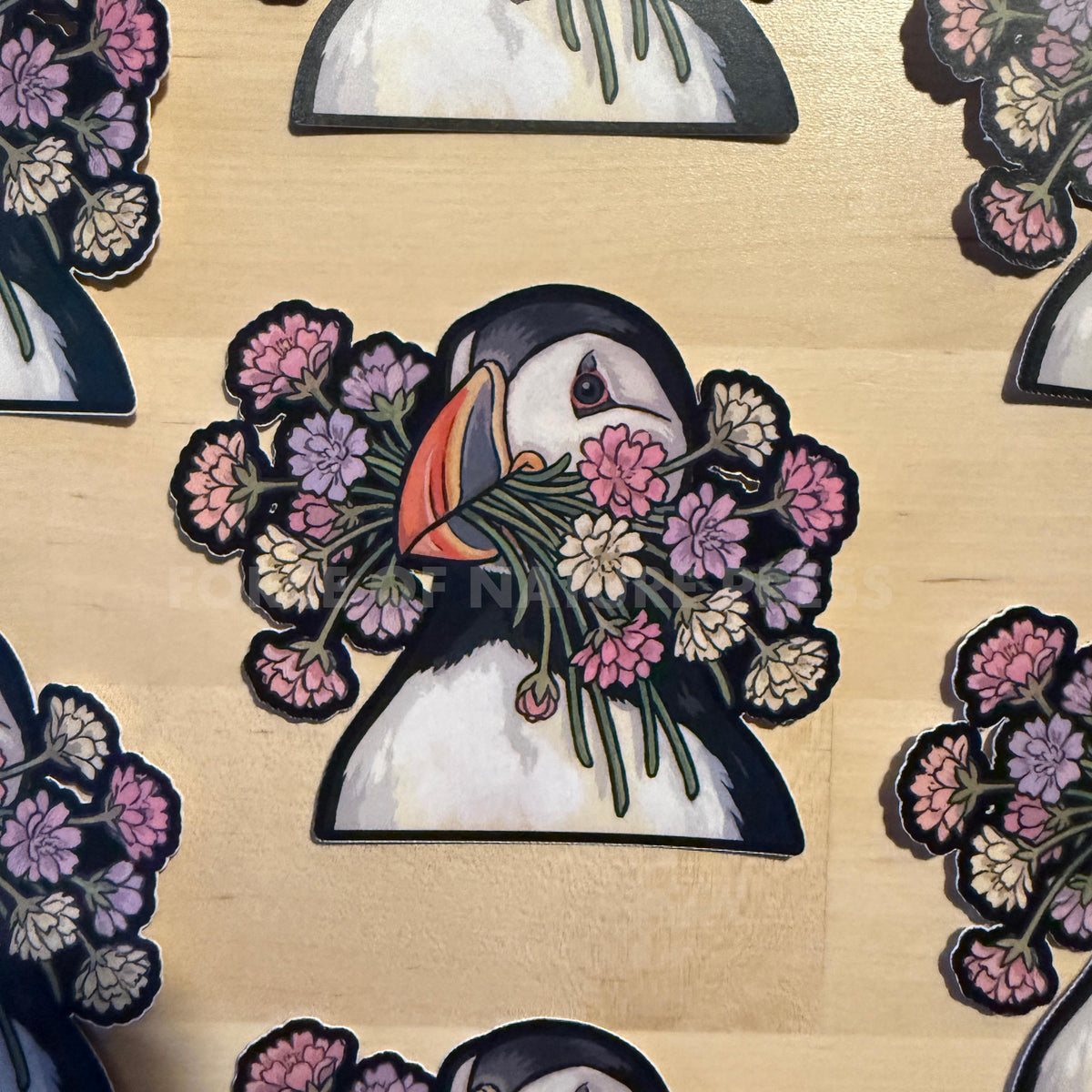 Atlantic Puffin sticker, cute seabird with flowers – view 2