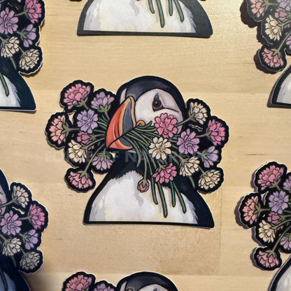 Atlantic Puffin sticker, cute seabird with flowers – view 2