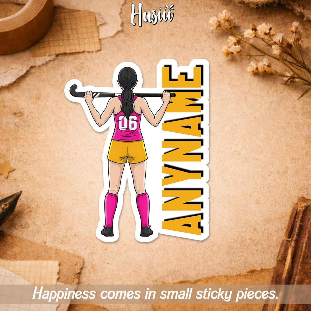 Custom field hockey girl player sticker with a name and number