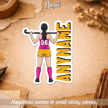 Custom field hockey girl player sticker with a name and number