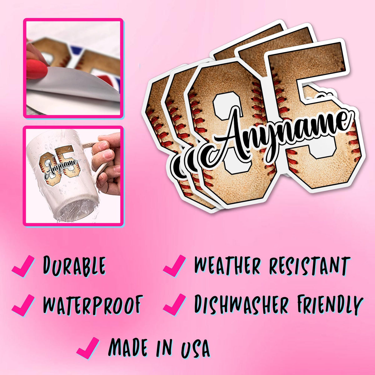 Custom vintage baseball sticker with a retro number and script name – view 5