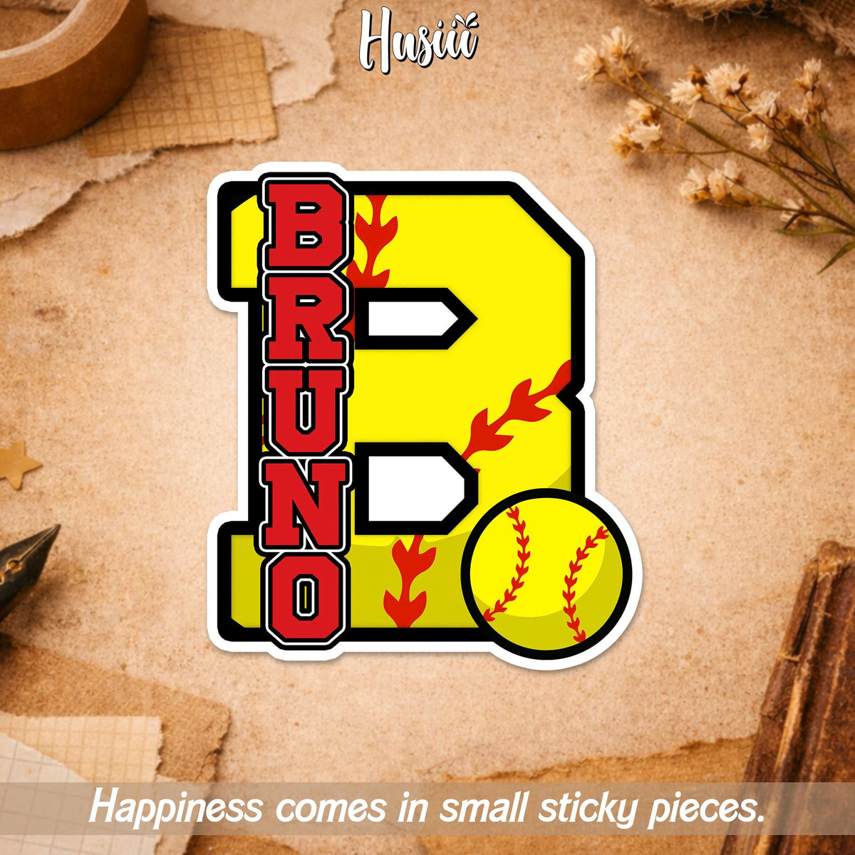 Custom softball sticker with a big initial letter and a name