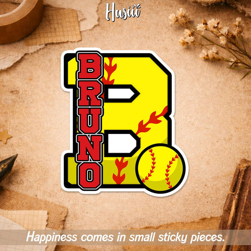 Custom softball sticker with a big initial letter and a name