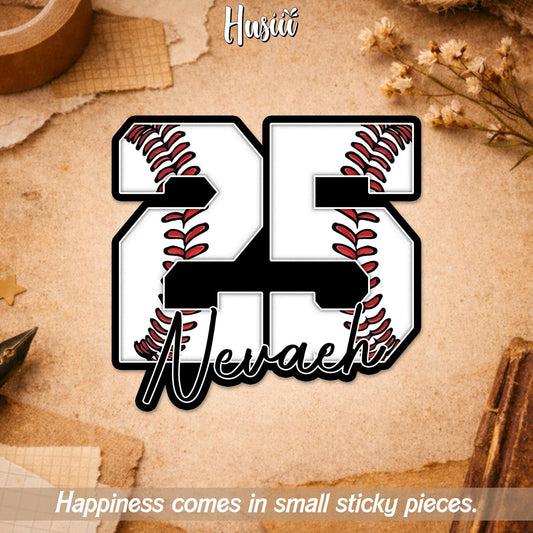 Custom baseball sticker with a stitched number and black script name
