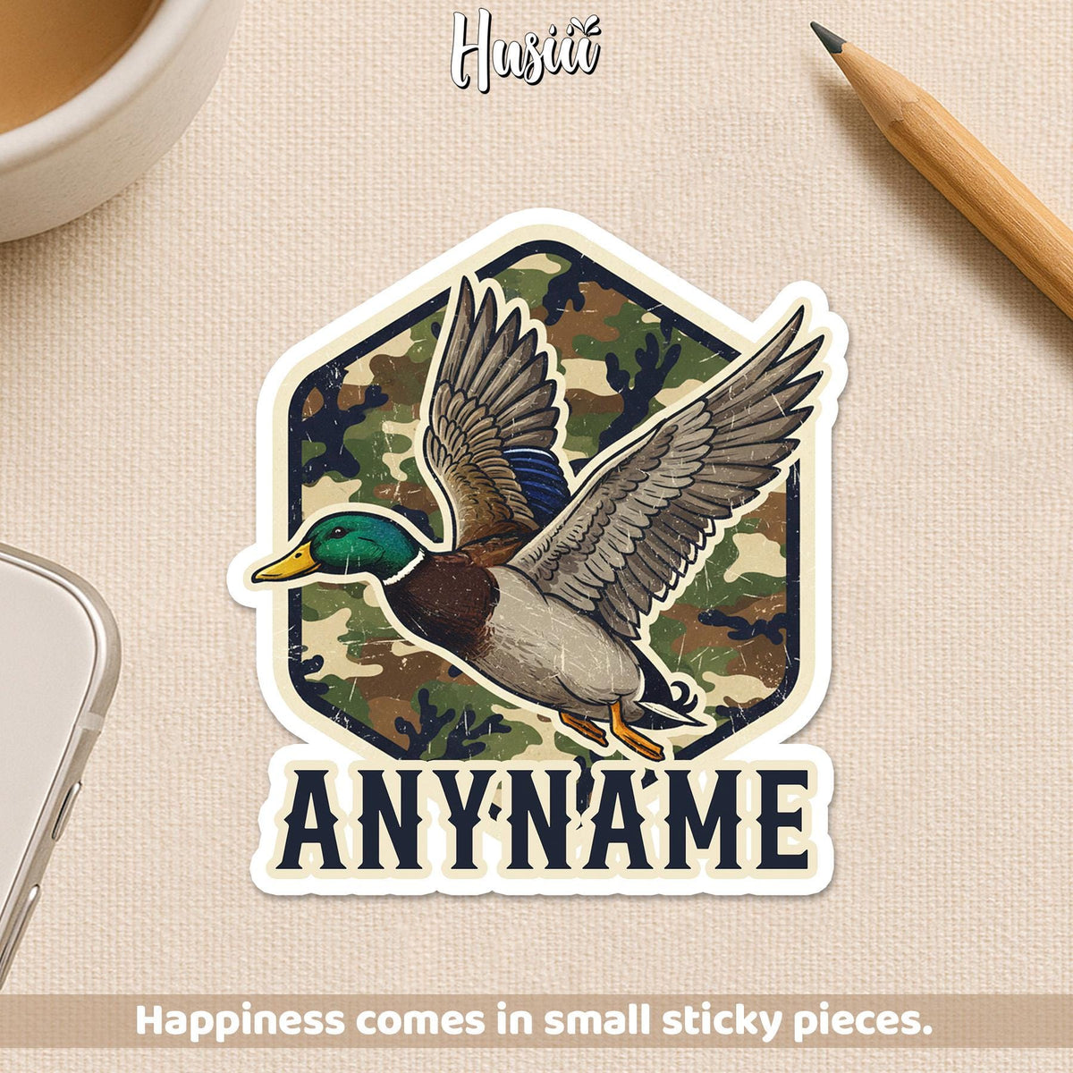 Custom camo flying duck sticker with a name