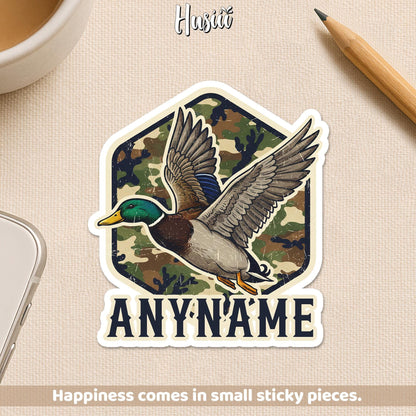 Custom camo flying duck sticker with a name