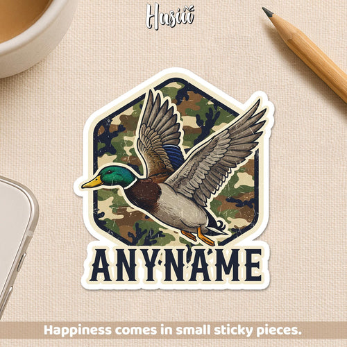 Custom camo flying duck sticker with a name