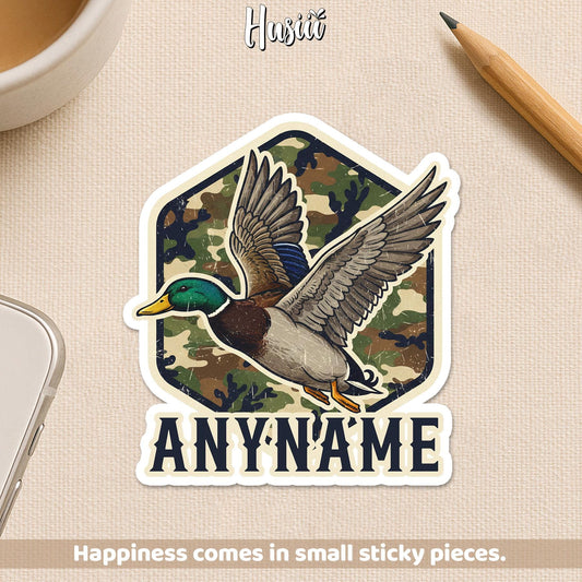 Custom camo flying duck sticker with a name