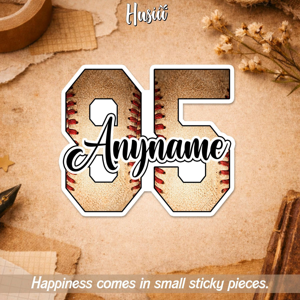 Custom vintage baseball sticker with a retro number and script name