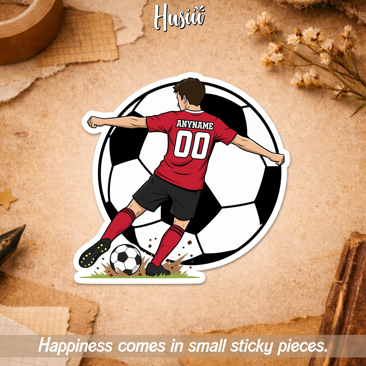 Custom soccer player sticker with a name and number, female or male player