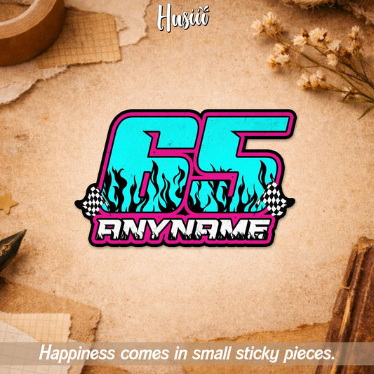 Custom racing team sticker with a number and name
