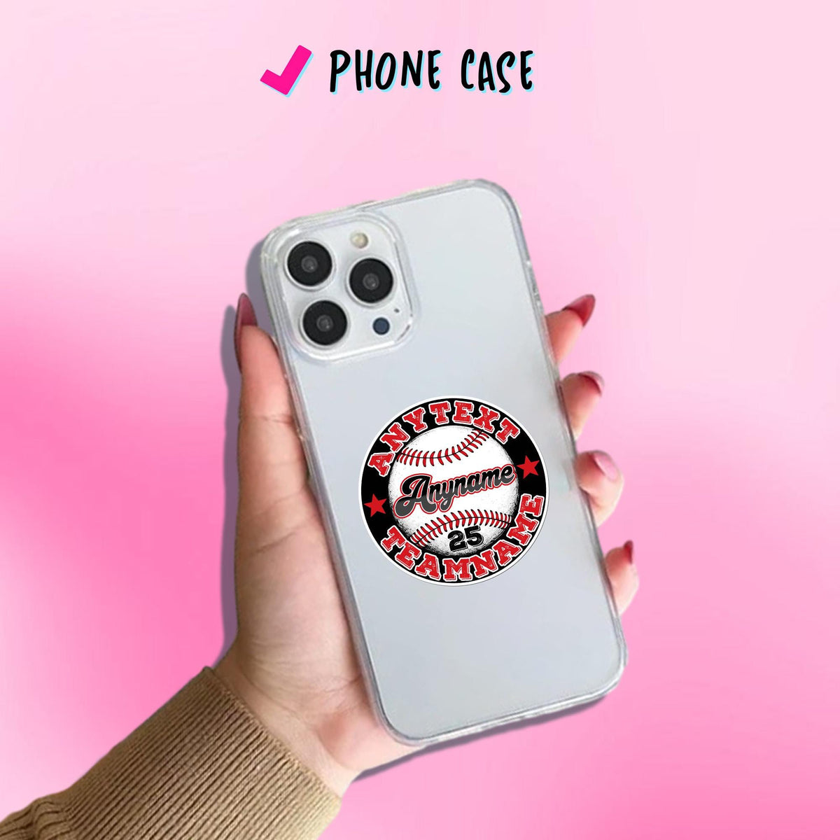 Custom round baseball team sticker with a name, number and team text – view 4