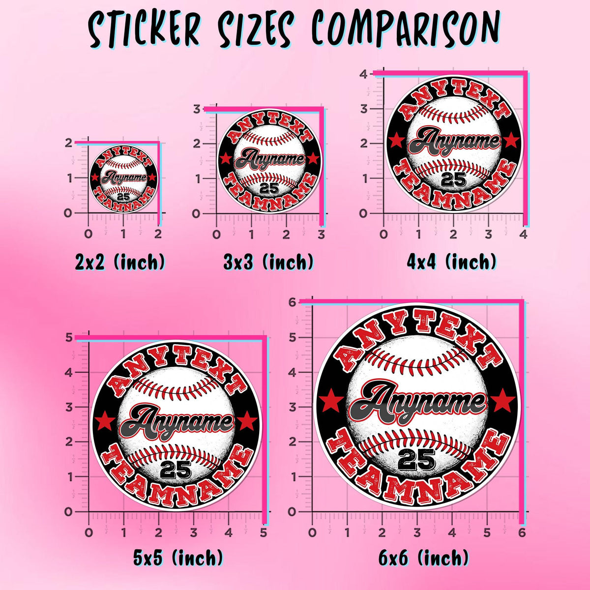 Custom round baseball team sticker with a name, number and team text – view 3